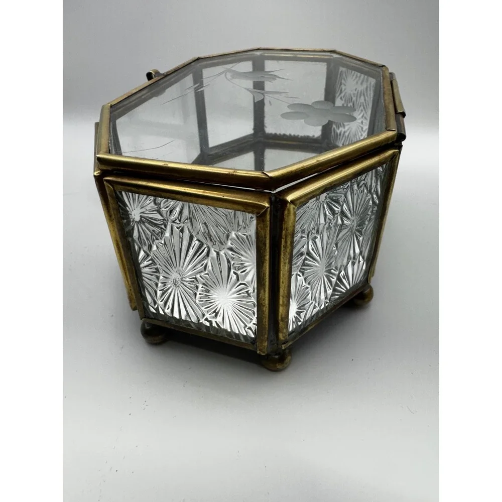 1980's Octagonal Glass Jewelry Box with brass tone frame Etched